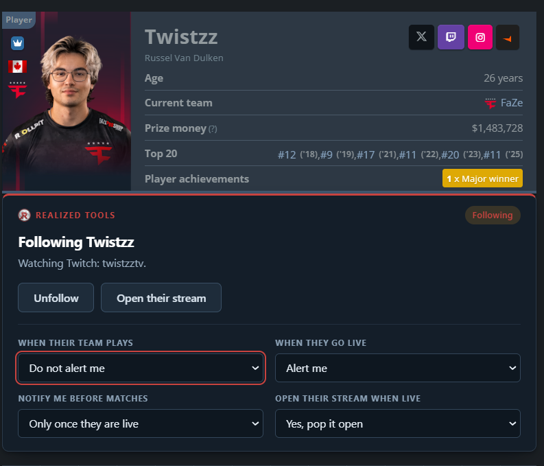 Twistzz player profile with Realized Tools following and notification settings